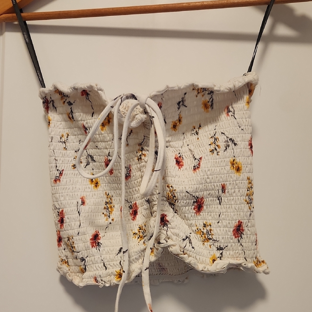 Forever 21 Floral Smocked Crop Top - White, Red, Yellow